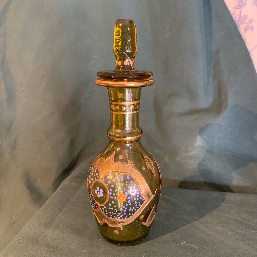 VTG Handpainted Bohemian Amber Glass Bottle with Stopper - Picture 4 of 13